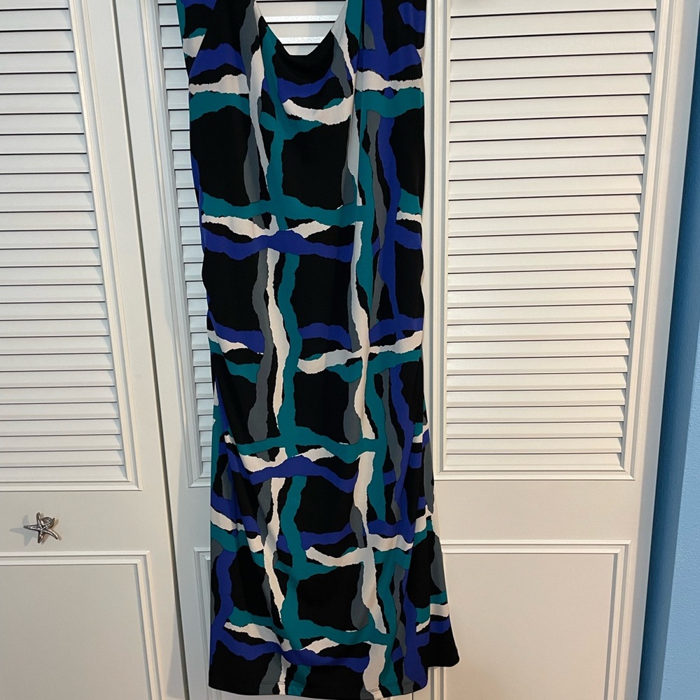Nine West Black Maxi Dress with Teal, Blue and White Abstract Print